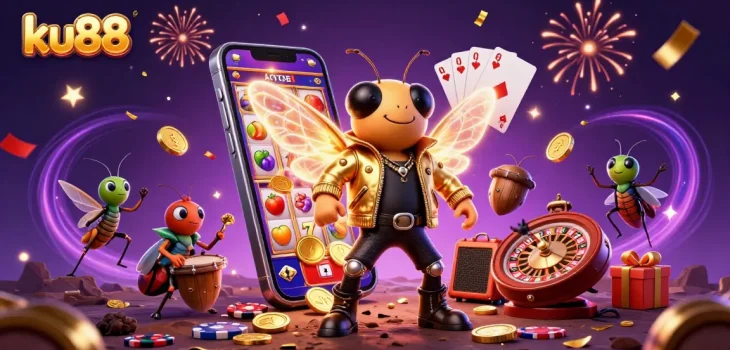 Experience the excitement of ku88 with a vibrant slot scene featuring animated casino characters.