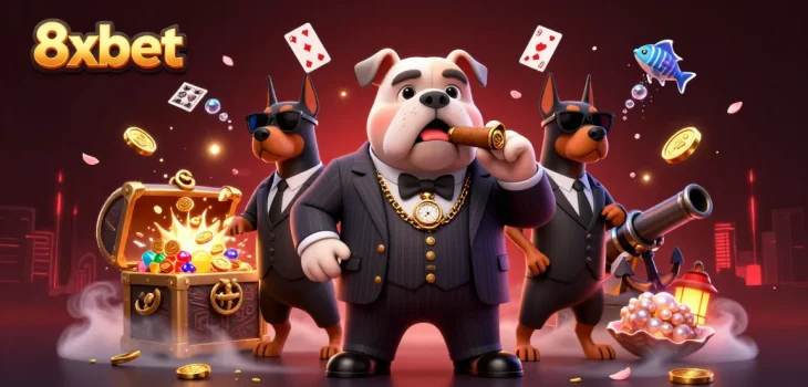 Engage in thrilling gameplay with 8xbet as a mafia bulldog leads two bodyguards through a vibrant casino adventure.