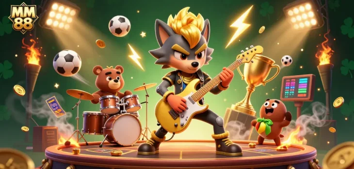 Engage in thrilling 3D casino action with MM 88 as the rock star wolf shreds guitar amidst sports excitement.