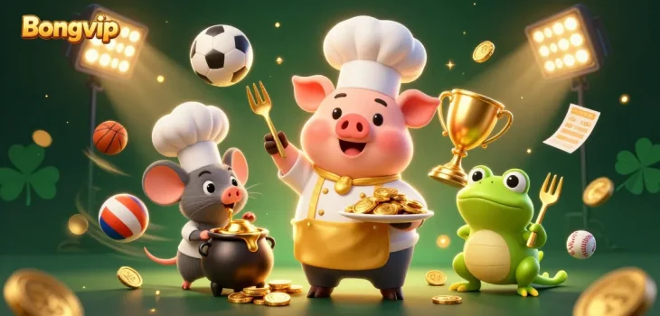 Bongvip players enjoy thrilling sports betting with a lively chef pig, mouse, and frog featuring gold coins and betting slips.
