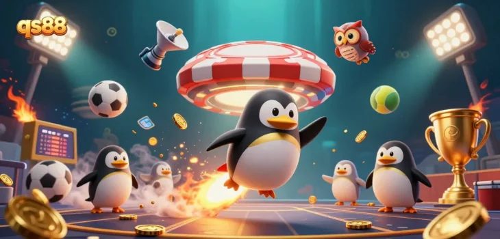 Experience thrilling gaming at qs88 with a golden penguin shooting through space towards a casino.