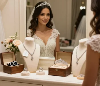 Bridal jewellery for wedding day displayed in boutique with bride admiring diamond tiara.