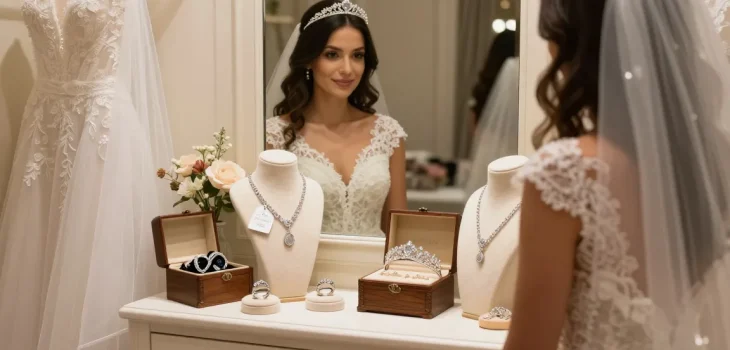 Bridal jewellery for wedding day displayed in boutique with bride admiring diamond tiara.